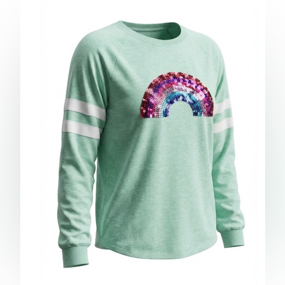 nwt- blue jersey, long sleeve sequence, rainbow, cotton girls shirt